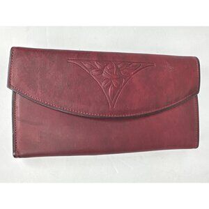 Vintage ROLFS Leather Cowhide Womens Wallet Red Burgundy Clutch Tooled Floral